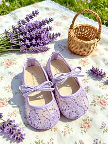 1 Pair Children Girls' Dreamy Purple Princess Flat Shoes, Suitable For Ballet Dancing, Can Be Worn In Spring, Summer And Autumn, With Mesh, Lace Pattern, Bow Design, Breathable And Comfortable, Slip-On Girls' Mary Jane Shoes, Suitable For Parties And Gifts - Purple - View 6