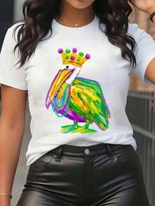 New Arrivals For Summer. Women's T-Shirt With Colorful Pelican Print And Crown, Round Neck, Casual Everyday Wear, Soft And Comfortable, Festival Blouse, Shirt > Beautiful. - 白色 - 查看 7