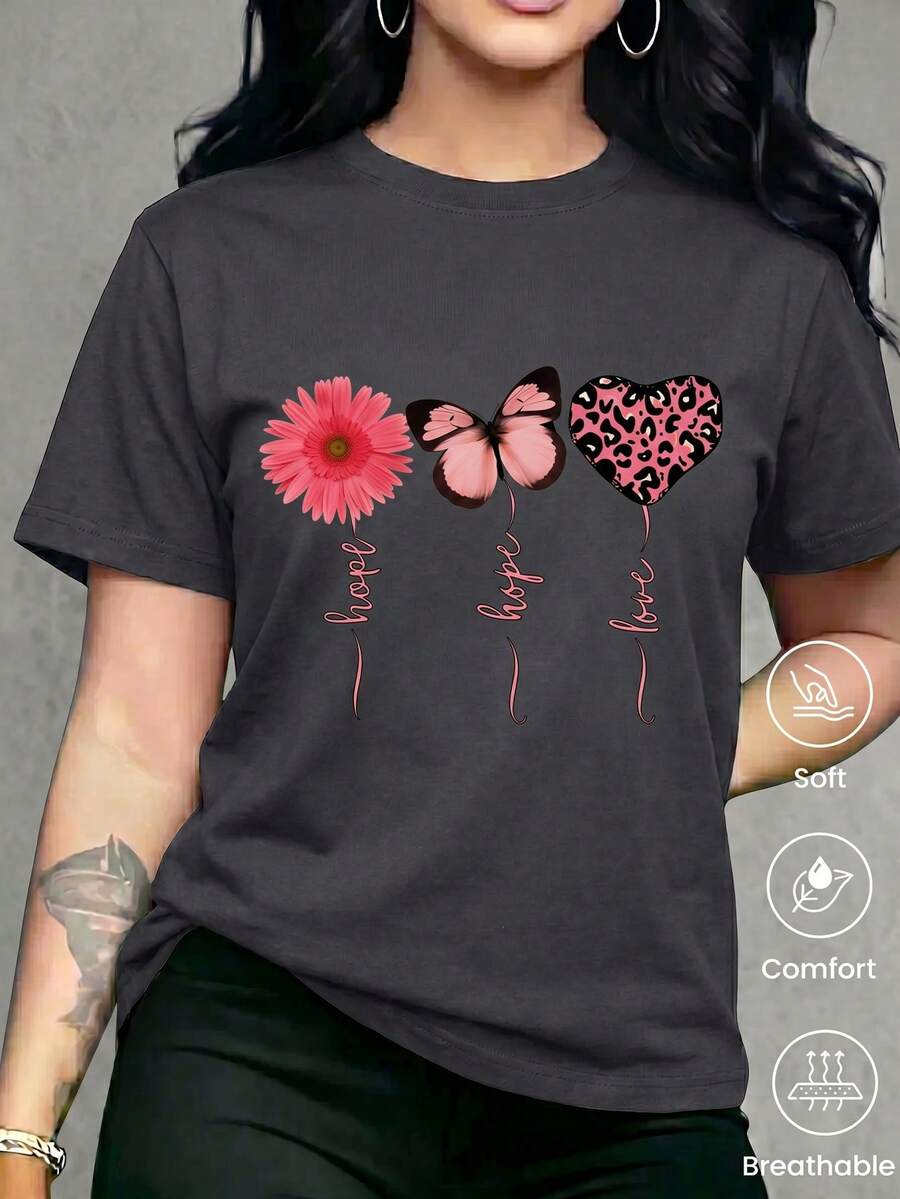 Camiseta casual de manga corta para mujer, suave al tacto, con diseño de mariposa rosa y estampado floral "Hope Love", cómoda camiseta de cuello redondo. - Gris oscuro - Ver 1