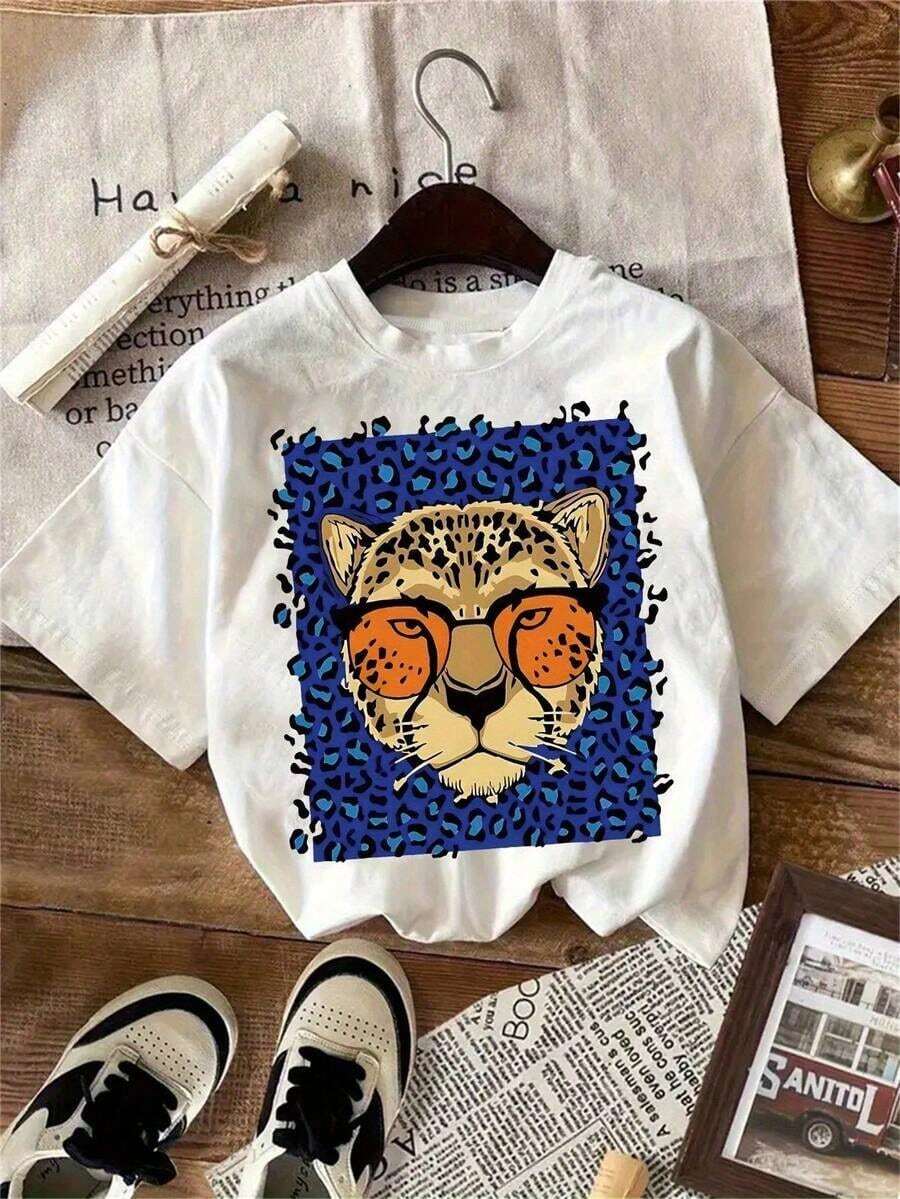 1 Piece Of Women's Short Sleeve T-Shirt With Leopard Print And Portrait, Casual, Versatile And Comfortable, New Women's Clothing, Cotton T-Shirt. - 白色 - 查看 1