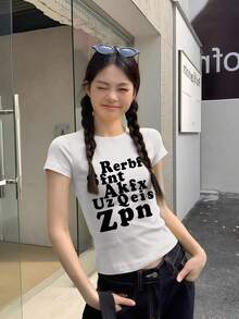 女款黑色字母印花短袖T恤，夏季性感修身短版設計上衣，休閒白色 - 白色 - 查看 5
