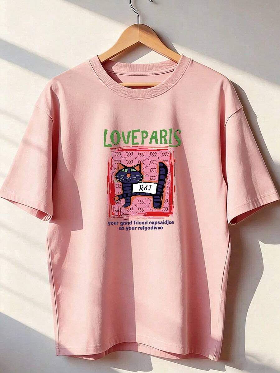 Retro-Style Short-Sleeve T-Shirt, Short-Sleeve T-Shirt For Spring/Summer 2026, Made In Mexico, 180 Grams. Cartoon Print, Couple Design, Suitable For Indoor Or Outdoor Wear. Crew Neck, Unisex, Ideal For Office And Leisure. One-Piece Pack. - PK-P631577SLNDXZGY557 - 查看 1
