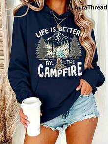 Suéter gráfico de campamento para mujer - "La vida es mejor junto a la  de montaña y árbol de pino, suéter de cuello redondo cálido para otoño e invierno, de elasticidad media, informal, lav - Azul Marino - Ver 3