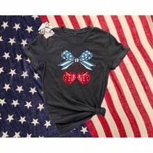 Cherry Bow USA Flag T-Shirt: Patriotic Coquette Teeblouses For Women>Ladies' Blouses - 白色 - 查看 3