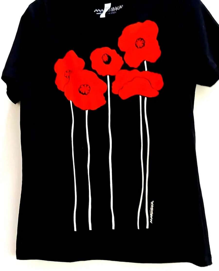 Red Poppy Graphic T-Shirt – Hand Screened Cotton Tee, Marushka Designblusas para mujer>camisa blusas para dama - Negro - Ver 1