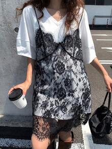 Vestido de mujer con parches de encaje sin mangas 2 en 1 con mangas cortas, vestidos de verano para mujeres - Blanco 3 - Ver 1