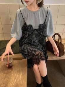 Vestido de mujer con parches de encaje sin mangas 2 en 1 con mangas cortas, vestidos de verano para mujeres - Gris - Ver 6