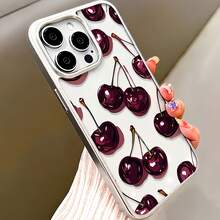 1pc Electroplated Transparent Minimalist Lens Protection Anti-Fall Anti-Collision Full Screen Black Purple Cherry Shadow Pattern Phone Case, Personalized For IPhone 16 Pro Max, 17/16/15/14 Plus/13/12/11, Air - Multicolor - View 3