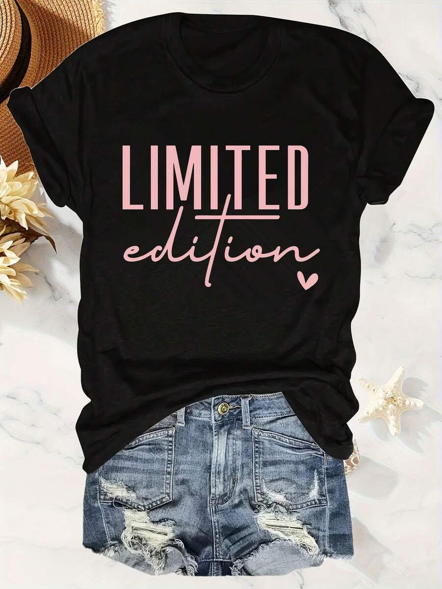 Fashionable Short-Sleeved T-Shirt With Round Neck And "LIMITED" Letter Print - Black - View 1