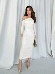 elegante y ceñido de manga larga y longitud media, con diseño de pliegues en malla, para usar en citas o fiestas, para mujer, otoñal - Blanco - Ver 7
