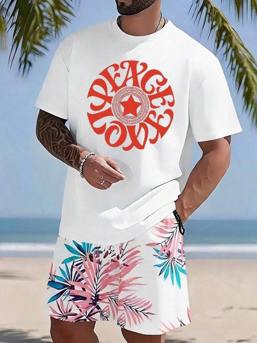 Men's T-Shirt With Star Print And "Peace Love" Text, Black And White Design, Machine Washable, Summer Top, Round Neck, Loose Fit, Available In Plus Sizes, Stretchy, Breathable Sportswear, Casual Sporty Style, Comfortable And Athletic, Short Sleeve Casual Wear For Men, Ideal For Casual Outings And Everyday Use, Comfortable Garment, Customized With Quality Finishes, Quick Drying. - 白色 - 查看 1