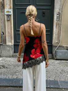 Camiseta elegante y sexy de mujer con estampado de leopardo y encaje en contraste, camiseta de estampado de leopardo elegante, top de fiesta, atuendos de playa y vacaciones para mujeres, top para salir - Rojo y negro - Ver 3