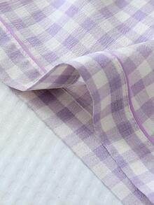 piezas de pijama con pantalón corto, de manga corta y estampado a cuadros para mujeres, ropa de estar por casa de verano - Morado - Ver 7