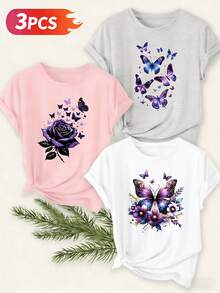 Women's T-Shirts, Women's T-Shirts, 1 Piece Set Of Casual Round Neck T-Shirts In Assorted Colors For Women | Gray Butterfly Print Short Sleeve Shirt, Soft And Comfortable - The Perfect Exclusive Gift For Mother's Day/Easter. - 1件白色隨機圖案 - 查看 5