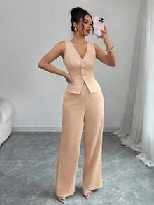 Conjunto de camiseta sin mangas y pantalones elegante para mujer, estilo de oficina y transporte, atuendo de otoño para maestros - Caqui - Ver 6