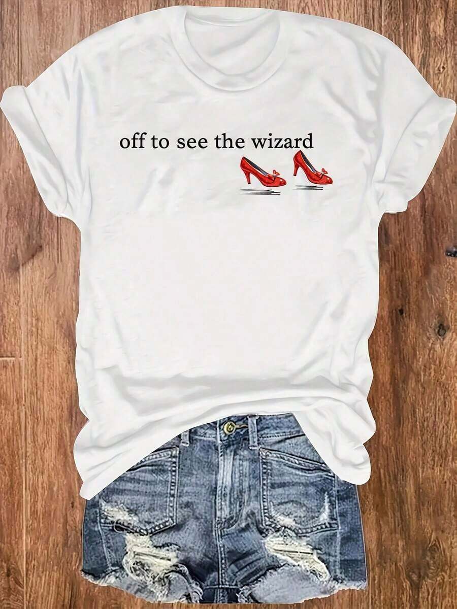 1 pieza de camiseta de mujer "El Mago de Oz" | Camiseta de manga corta con cuello redondo y estampado gráfico para mujer, con diseño de pantuflas rojas rubí de estilo nostálgico, cómoda para todas las estaciones, corte regular, tela ligeramente elástica, temática de San Valentín, San Patricio y Pascua, uso diario casual, conjuntos de verano, camisas, camisas para mujer, playeras, playeras de mujer, vintage, atuendo de Pascua para mujer, camisetas elegantes para el Día de la Madre, 180g Algodón 100%. - Blanco - Ver 1