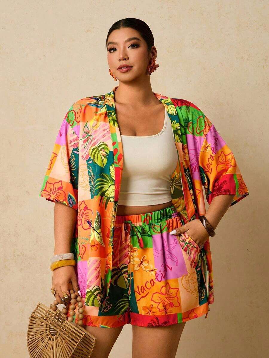 2 piezas Conjunto de talla grande Chaqueta de manga corta con estampado de leopardo, casual y de moda para uso diario - Multicolor - Ver 1