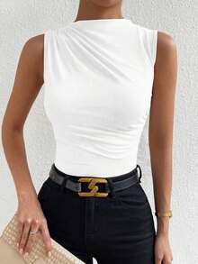 Camiseta sin mangas de corte slim con pliegues de unicolor minimalista para uso diario en verano para mujeres - Blanco - Ver 8