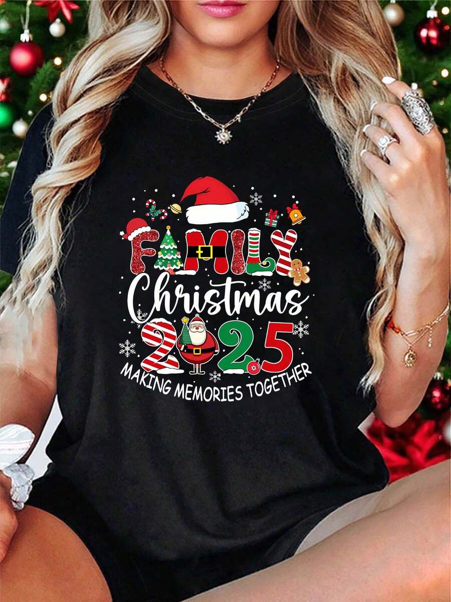 Plus Size - Women's Plus Size Christmas T-Shirt 2025 - Oversized Crew Neck Short Sleeve Casual Top With Festive Print Of Santa Claus, Snowflakes And Candy Wands - 黑色 - 查看 1