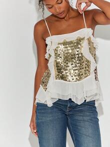 Women's Sequined Sleeveless Top, Summer Style, Fashionable, With Ruffles And Loose Fit. - 香檳色 - 查看 4