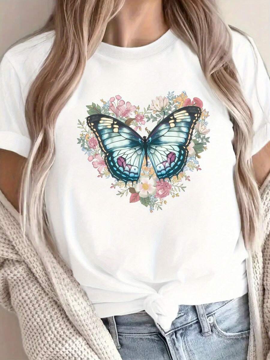 1 camiseta de cuello redondo con estampado de mariposas, top casual de manga corta para primavera/verano, ropa de mujer 180g 100% algodón. - Blanco - Ver 1