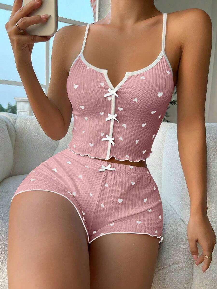 pijama / Pijama con estampado de corazón, ribete contrastante y lazo delantero - Rosa - Ver 1