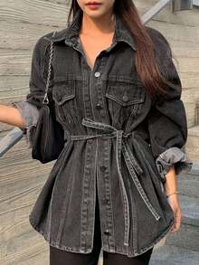 Jeans casuales de mujer con ajuste holgado, lavado desgastado y bajo con abertura, ropa de otoño, chaqueta de jeans de manga larga para mujer - Gris Oscuro - Ver 7