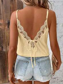 Blusa de verano para mujer con tirantes finos, encaje y parches, estilo minimalista, bohemio, elegante y romántico, ideal para festivales de música, playa y vacaciones, 95% algodón - Amarillo - Ver 6