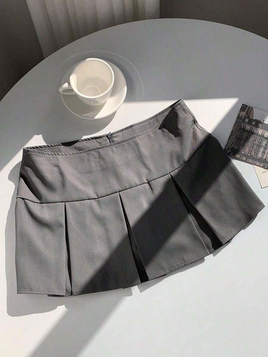 Falda plisada con detalle de cintura ancha y pliegues para el verano - Gris Oscuro - Ver 1