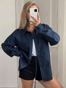 Blusa vaquera de manga larga con botones frontales y nudo delantero para mujer - Azul lavado oscuro - Ver 7