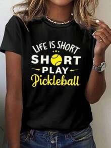 One Piece, Classic And Versatile, Pure Cotton Short-Sleeved T-Shirt Ideal For Any Season. Ladies, Life Is Short, Enjoy It While You Can. Baseball Print, Modern Style - 黑色 - 查看 1