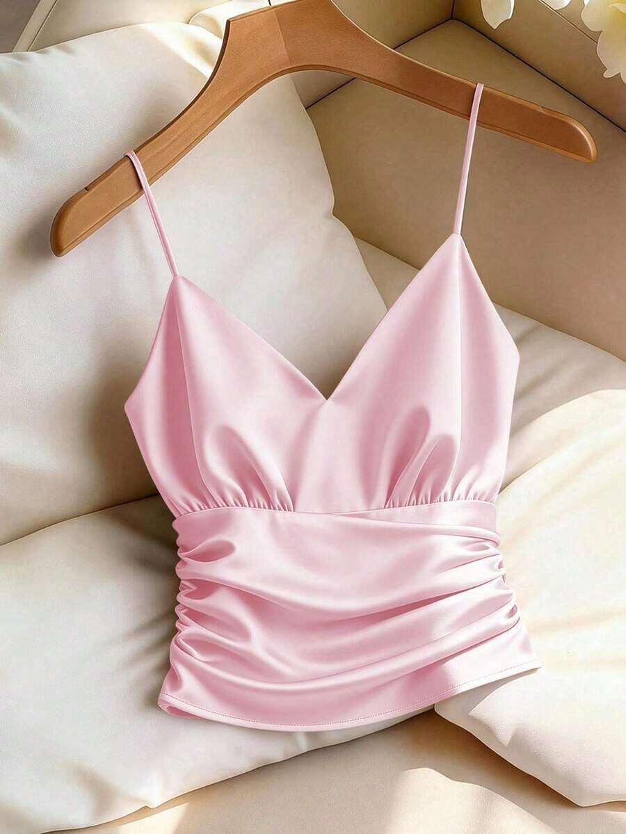 Blusa de satén sin mangas con cuello en V y diseño de fruncido en la cintura, favorecedora, elegante, sexy y versátil para primavera/verano - Rosa - Ver 1