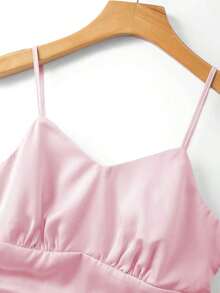 Blusa de satén sin mangas con cuello en V y diseño de fruncido en la cintura, favorecedora, elegante, sexy y versátil para primavera/verano - Rosa - Ver 4