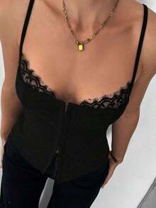 Camiseta de tirantes de verano para mujer con encaje contrastante y botones delanteros - Negro - Ver 3