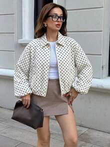 Chaqueta con bolsillo con cremallera de lunares rosas para mujer - Abrigo casual suelto con solapa para primavera/otoño - Blanco - Ver 3