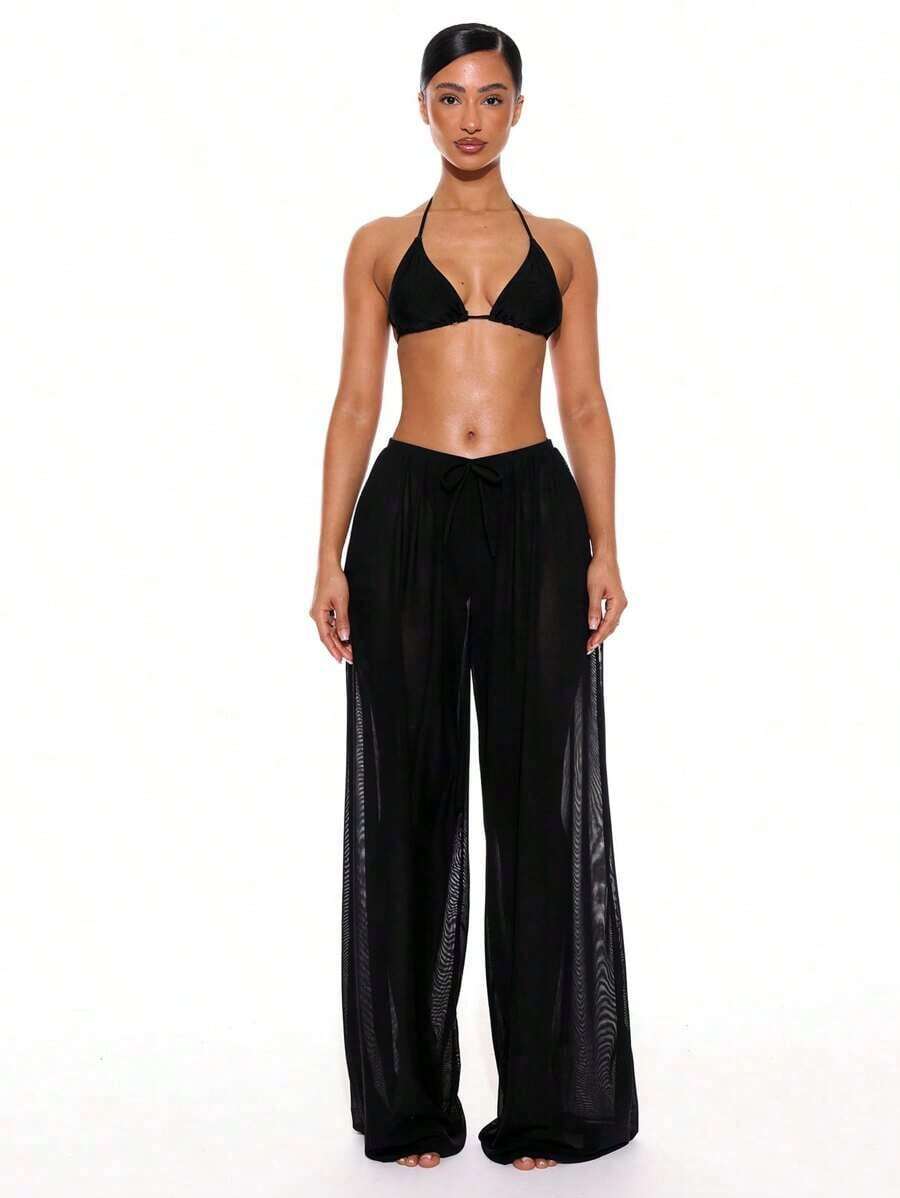 Pantalones anchos con cordón frontal de tiro bajo, prenda de vestir para cubrir en verano, primavera, vacaciones, vacaciones, club sexy, Ibiza, ropa de playa, nanotecnología, techno, otoño, color sólido - Negro - Ver 1