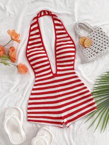 Body sexy de punto blanco con textura y patrón ondulado, escote en V profundo y espalda descubierta para mujer, elegante y ajustado, adecuado para fiestas, citas, té de la tarde, vacaciones boho, playa, atuendo de verano. - Rojo y blanco - Ver 1