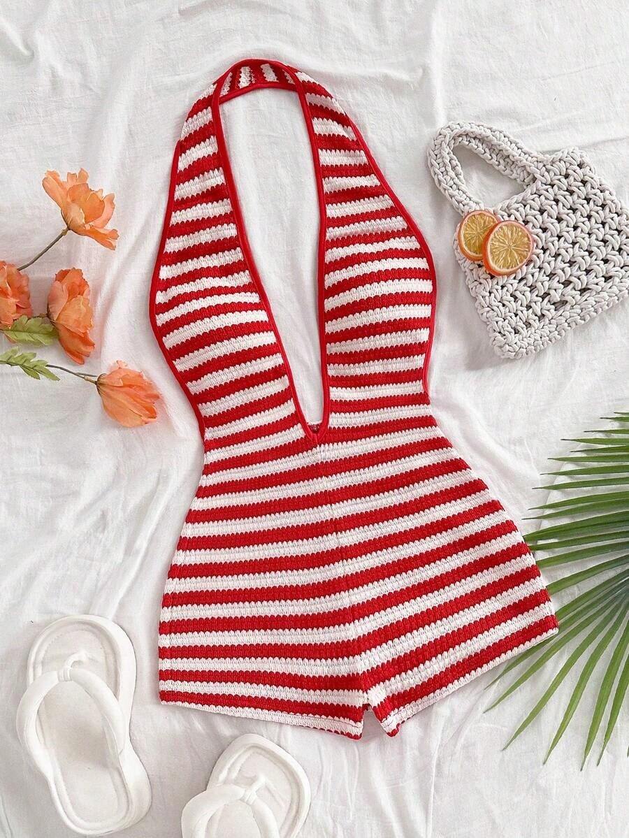 Body sexy de punto blanco con textura y patrón ondulado, escote en V profundo y espalda descubierta para mujer, elegante y ajustado, adecuado para fiestas, citas, té de la tarde, vacaciones boho, playa, atuendo de verano. - Rojo y blanco - Ver 1
