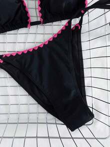 Bikini de 2 piezas de unicolor con escote halter y lazos, sexy y elegante para playa, vacaciones, viajes y fiestas. Nuevo para primavera/verano - Rosa negra capullo rojo - Ver 6