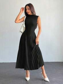 Vestido ajustado de línea A con pliegues elegante para mujer - Negro - Ver 5