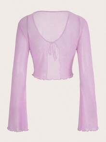 Top de malla con mangas acampanadas, abertura frontal con nudo, y ribete de lechuga.Top casual de mujer de ajuste regular, con cuello en V, mangas acampanadas con volante, y efecto colorblock en negro.Prenda de mujer sencilla para primavera/o - Púrpura malva - Ver 2