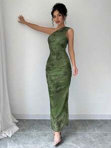 Vestido de noche de lujo para mujer, vestido sexy sin mangas con cuello asimétrico y estampado de teñido anudado - Verde Oliva - Ver 5