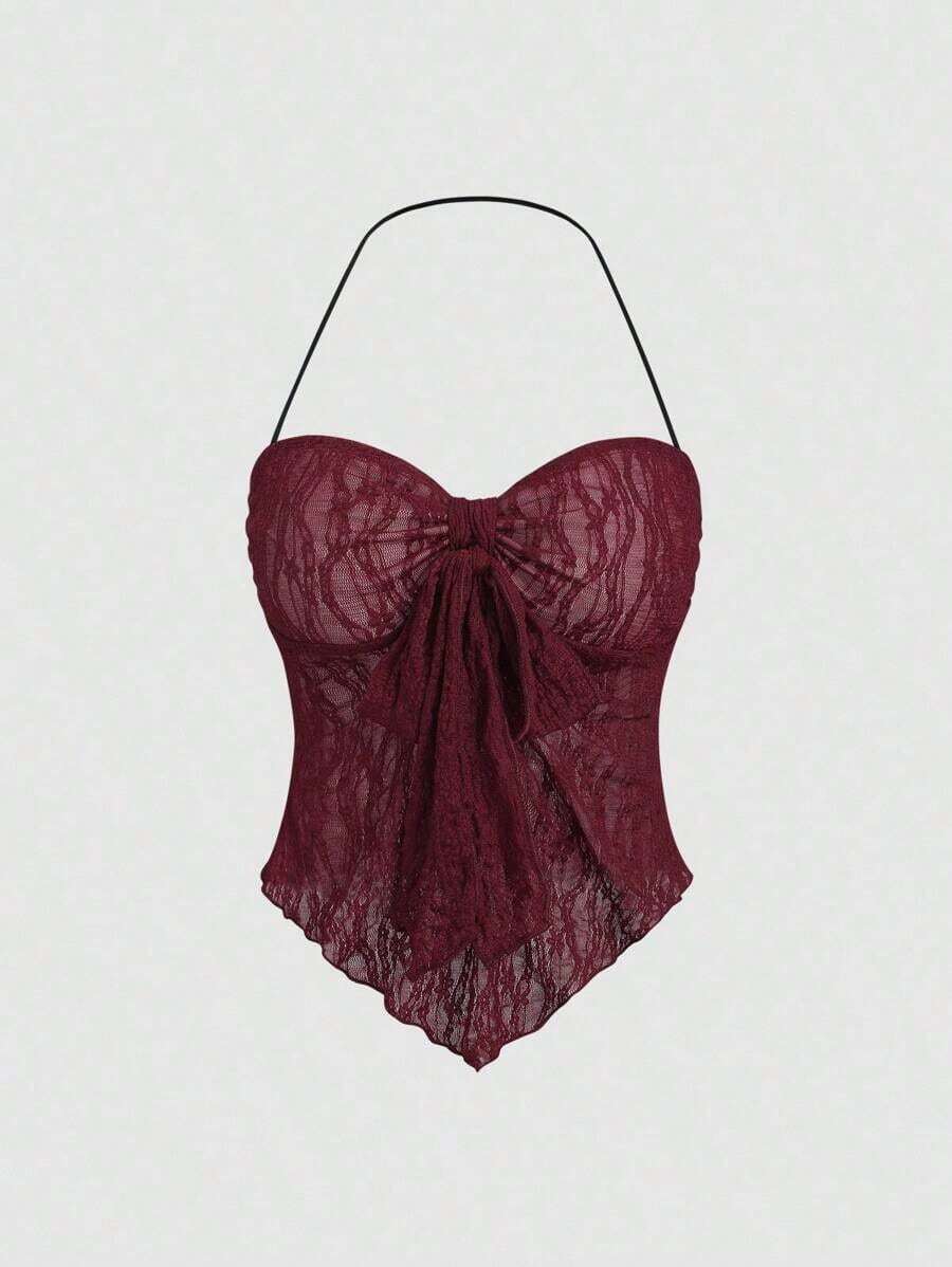 Top corto de verano para mujer con cuello halter y nudo delantero en unicolor, estilo Y2K - Burdeos - Ver 1