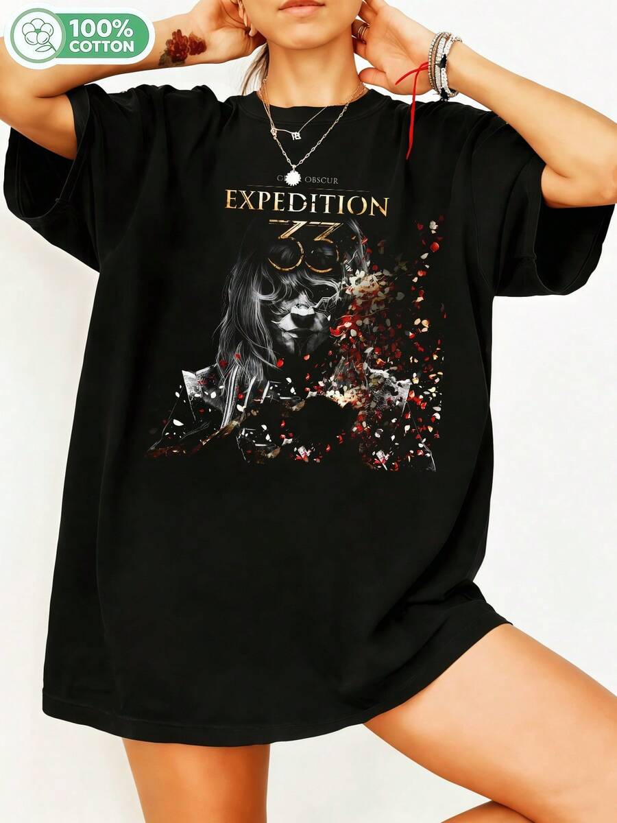 Expeditions 333 Clair Obscurr Dark Mask Red Rose Grunge Vintage Graphic T-Shirt, Dark Fantasy Gamer Casual Cotton T-Shirt For Fans. - 黑色 - 查看 1