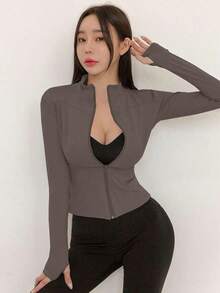 Chaqueta de manga larga de cuello alto elástico de unicolor entallada, ropa deportiva y casual, primavera/otoño - Marrón Mocha - Ver 3