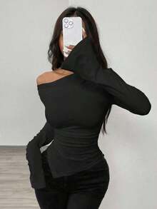 Suéter de invierno para mujer con escote pronunciado, se puede usar con cuello asimétrico, bajo asimétrico, top de punto. - Negro - Ver 5