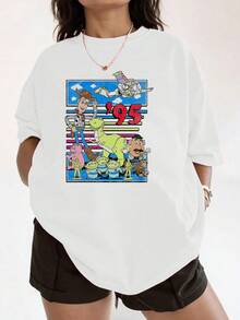 Colorful Graphic Featuring Animated Toy Characters And The Number 95, Evoking Friendship, Adventures, And Childhood Nostalgia In A Vibrant Retro Style. Comfortable, Soft, Casual Fit Women's T-Shirt, Ideal For Everyday Wear. - 白色 - 查看 6