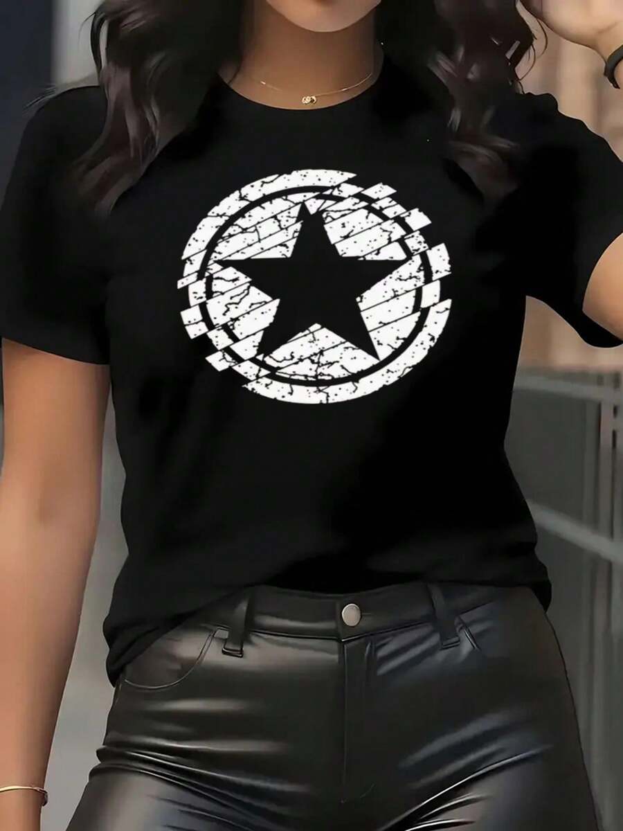 [Camiseta deportiva para mujer] Camiseta deportiva casual para mujer, manga corta| Suave y transpirable, diseño estampado, ajuste holgado, lavable a máquina, 180g| Ideal para todo el año, uso casual y deportivo - Negro - Ver 1