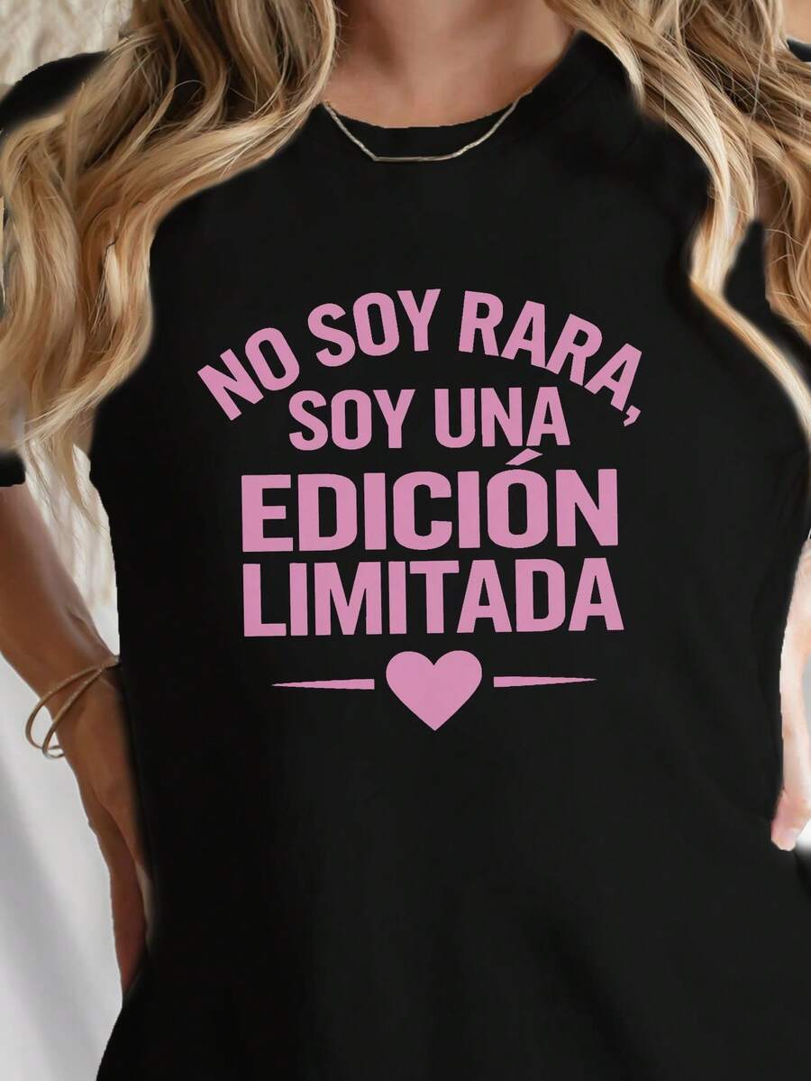 Camiseta con Estampado de Corazón Español, Manga Corta y Cuello Redondo, Top Casual para Verano y Primavera, Ropa de Mujer - Negro - Ver 1