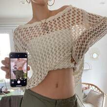 Hollowed-Out Large Round-Neck Knitted Cardigan For Women, 2026 New Model, Solid Color, Loose-Fitting, See-Through Mesh Long-Sleeve Top - Off White - View 2